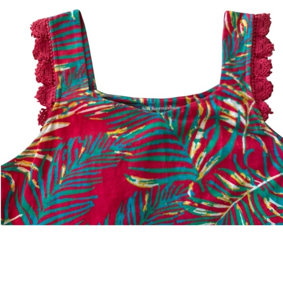 SOFT SURROUNDINGS sleeveless top, soft cotton blend, floral, crochet ruffle,Med. - Picture 4 of 8